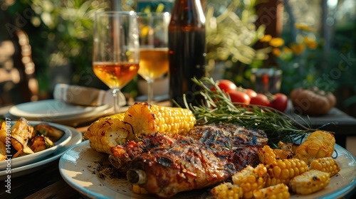 Outdoor BBQ feast with grilled ribs, corn, and drinks