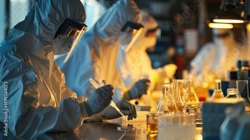 Scientists in protective gear working in a lab