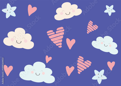 Hand drawn hearts, smiling clouds, smiling blue stars, purple-blue sky. Seamless pattern vector.