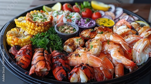 Seafood platter with assorted grilled shrimp, lobster tails, corn on the cob, and fresh vegetables