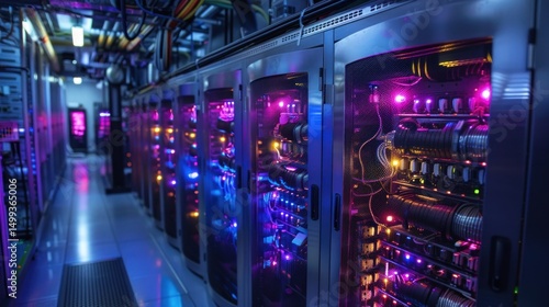 Server room with colorful illuminated equipment