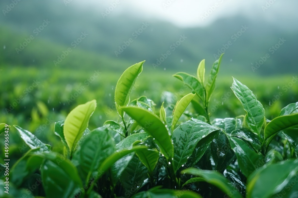 Lush tea leaves in a misty rain Lush tea leaves in a misty rain
