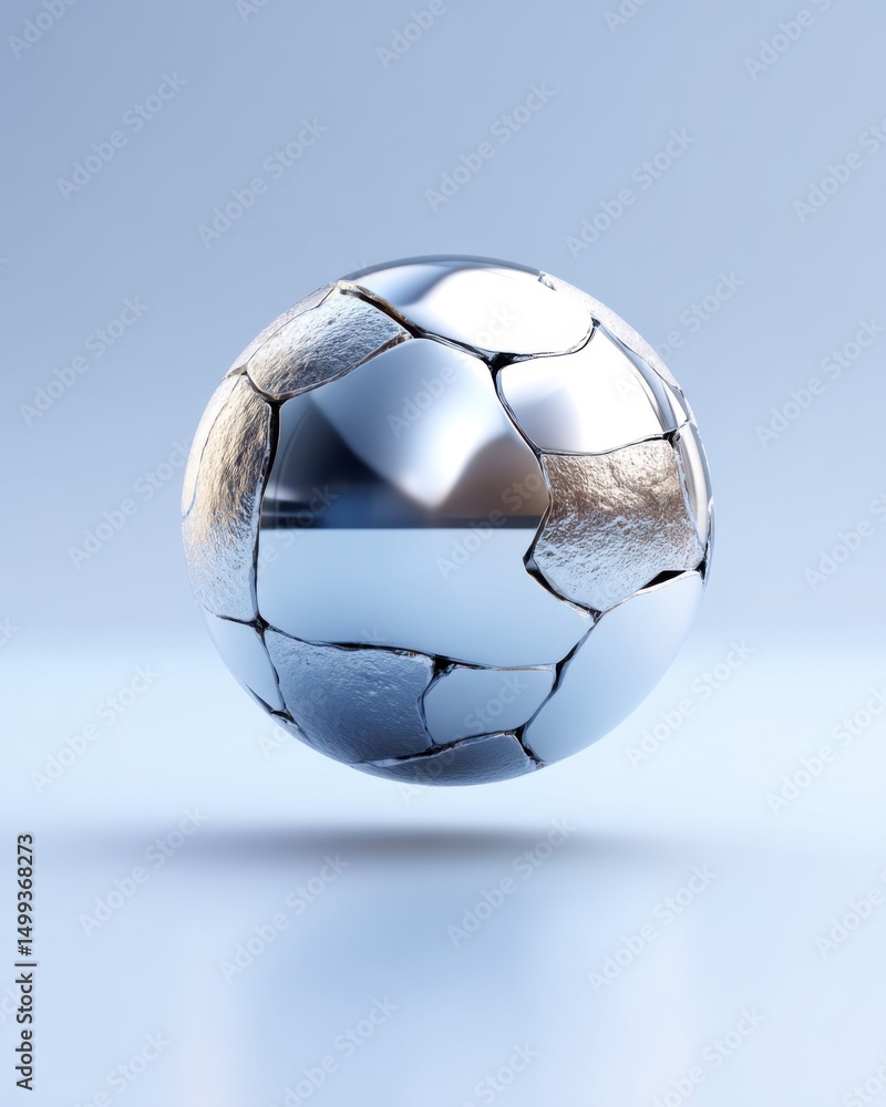 Naklejka premium cracked chrome sphere floating mid air, sharp reflections, futuristic abstract object, clean background