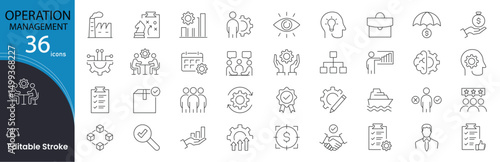 Operations management related icons set. Including process, planning, workflow, logistics, supply, strategy, production, and efficiency. Editable stroke. outline icons.

