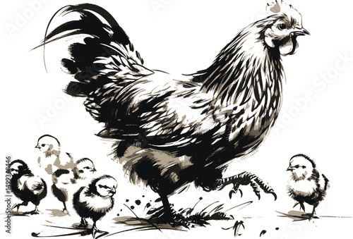 Beautiful black and white ink illustration showcasing a hen with her lively chicks, embodying nurturing and nature's harmony. A perfect depiction of maternal care and the vitality of life