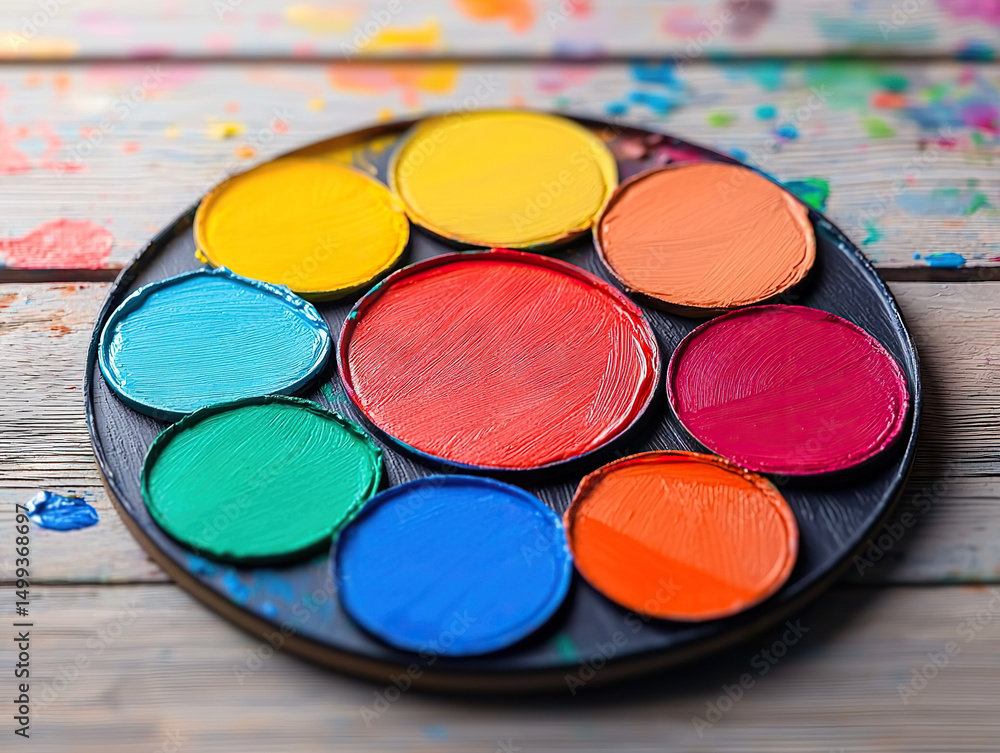 Naklejka premium Vibrant palette of colorful paints on wooden surface, evoking creativity and artistic expression