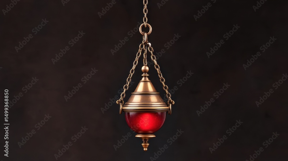 Ornate hanging lantern with a red glass orb, set against a dark background, showcasing craftsmanship Ornate hanging lantern with a red glass orb, set against a dark background, showcasing craftsmanship