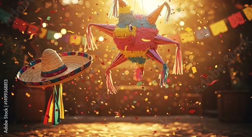 Vibrant fiesta celebration with a pinata sombrero and festive party confetti in warm sunlight