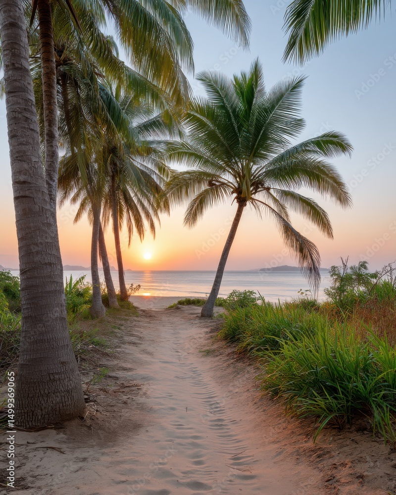 Sunset trail through palm trees at a Madagascar resort, warm sky tones, sand path leading to ocean, peaceful vacation moment Sunset trail through palm trees at a Madagascar resort, warm sky tones, sand path leading to ocean, peaceful vacation moment