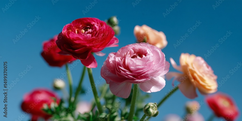 Obraz premium Vibrant ranunculus flowers blooming against a bright blue sky