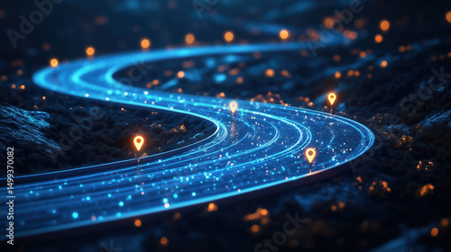 a curved road with location markers, symbolizing strategic planning and project timeline