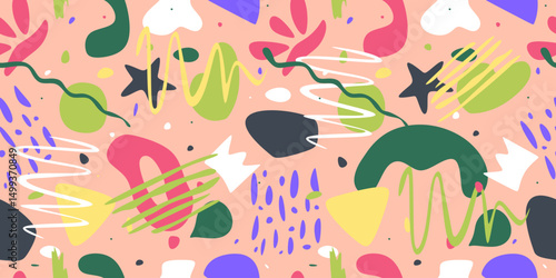 Abstract scribble elements, seamless pattern. Hand drawn modern endless texture and background with doodle shapes in pastel shades. Repeating print for trendy textile and wrapping. Vector illustration