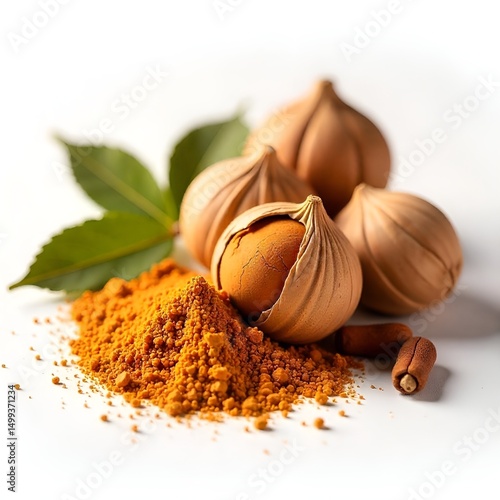 Natural spices: nutmeg seeds, powder, and cinnamon on white surface

