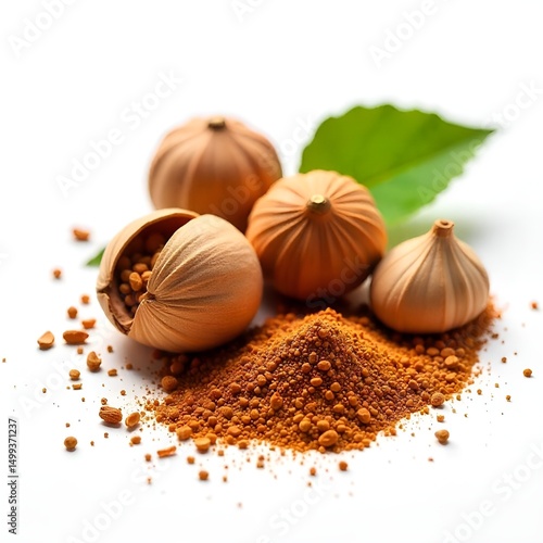 Natural spices: nutmeg seeds, powder, and cinnamon on white surface

