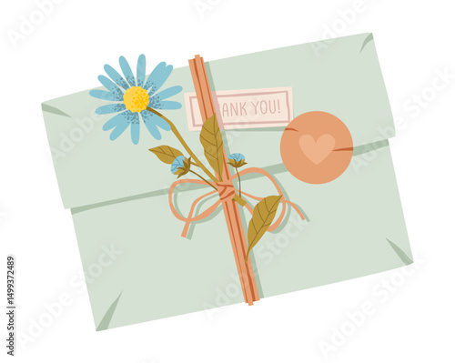 Vintage Envelope and Botanical Elements in Pastel Style. A cute envelope with floral decoration and a love note inside. Flat Vector Illustration.