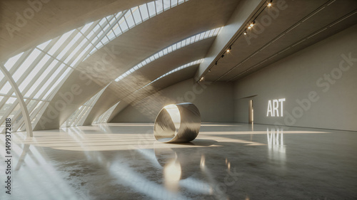 Wide-angle view inside a modern art gallery dynamic architectural lines