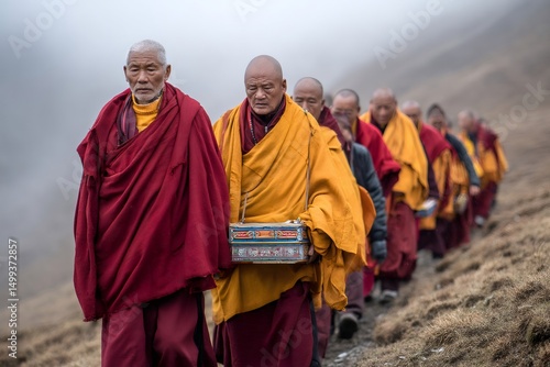 Buddhist monks walking in the mountains of tibet during a religious ceremony