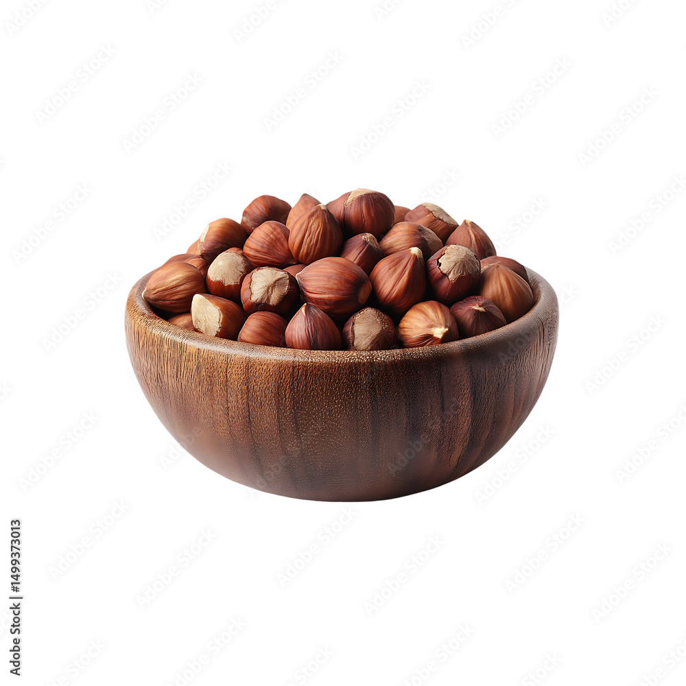 Obraz premium Fresh hazelnuts in a wooden bowl isolated on a transparent background, in a PNG format