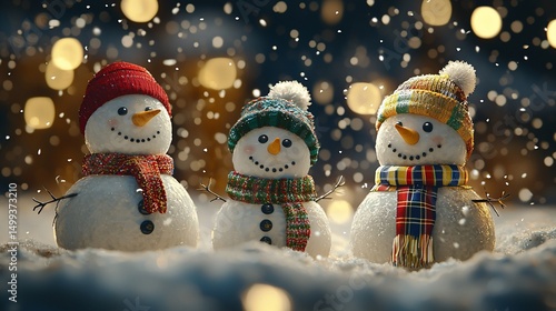 Three cheerful snowmen in winter wonderland