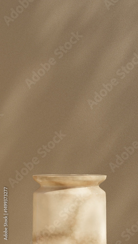 A 3D rendering of a product display podium set against a brown wall in a portrait orientation.