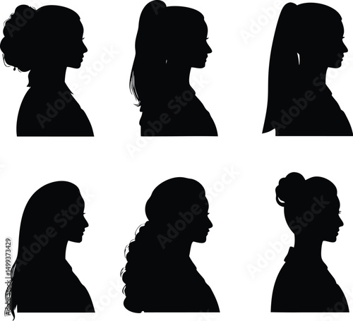 Six Female Silhouettes with Different Hairstyles Profile View