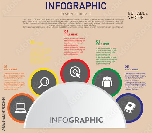Infographic Template with Pale Gray/White Curved Background, Five Circular Sections