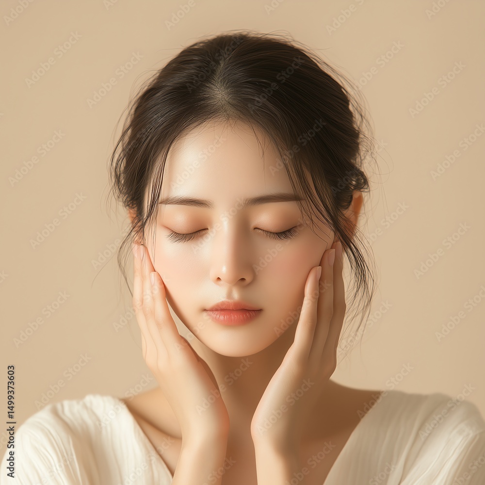 Fototapeta premium Beautiful Asian Woman Touching Face with Eyes Closed - Beige Background Skincare Concept
