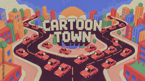 Pixelated cityscape with colorful buildings and red cars cartoon town