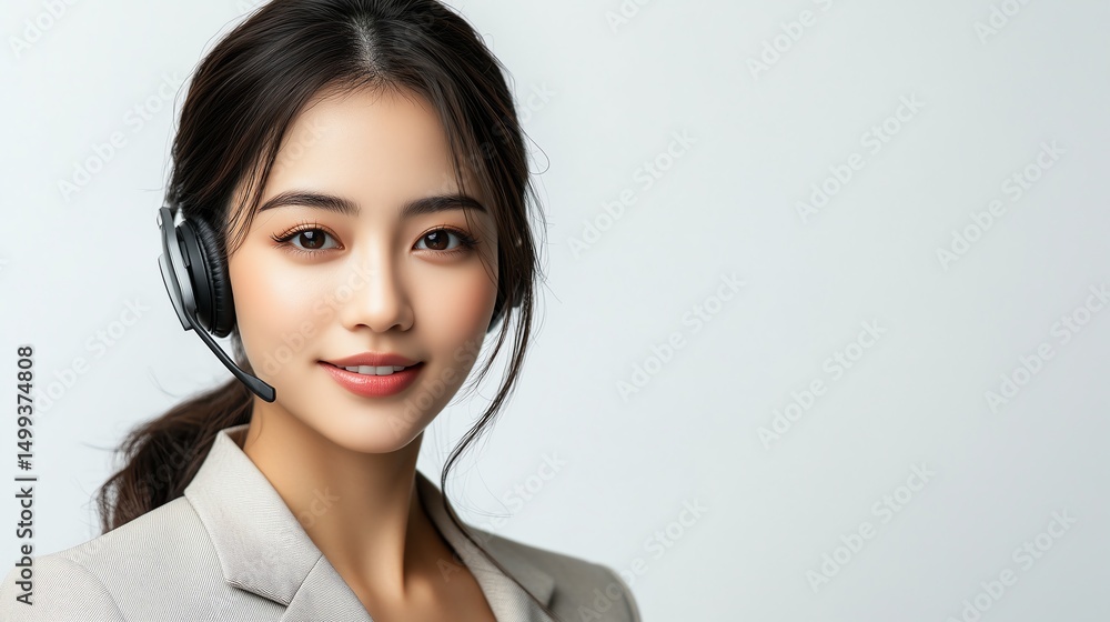 Professional Asian call center agent wearing headset, isolated on white background with copy space, customer service concept Professional Asian call center agent wearing headset, isolated on white background with copy space, customer service concept