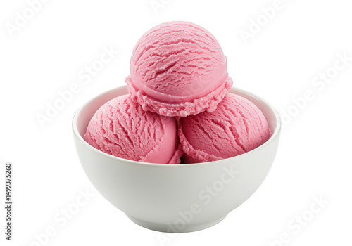 Three scoops of pink ice cream in a bowl isolated on transparent background
