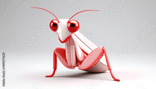 Stylized Praying Mantis Render with Vibrant Red Accents and Smooth Surfaces