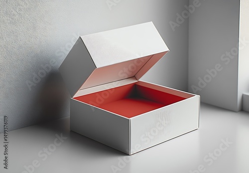 White Box Mockup with Open Lid and Vibrant Red Interior

 photo