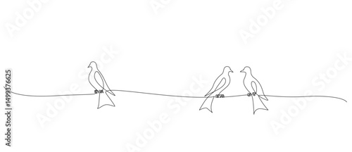 Continuous one line drawing of three birds on a wire, symbolizing social interaction, connection, and isolation. Minimalist vector style. Editable stroke