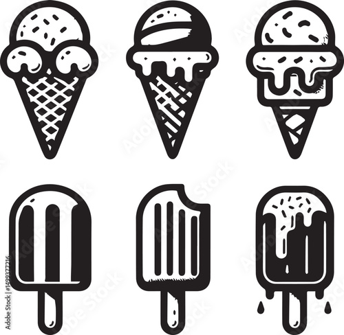 Black and White Ice Cream and Popsicle Line Art Icons – Minimalist Vector Set