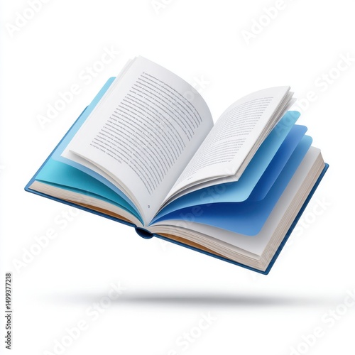 Open book with blue pages floating on white