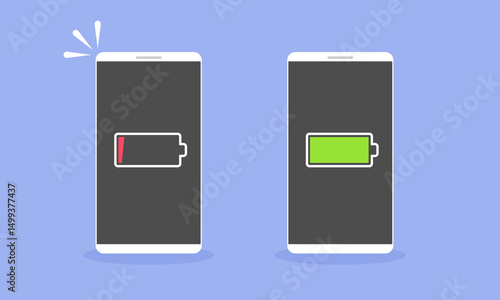 Smartphones displaying low and full battery charge. Flat style vector illustration for themes related to battery life, smartphone usage, and energy management
