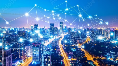 Wallpaper Mural Connected Metropolis: A Dynamic Network Overlay on Modern Cityscape at Night Torontodigital.ca