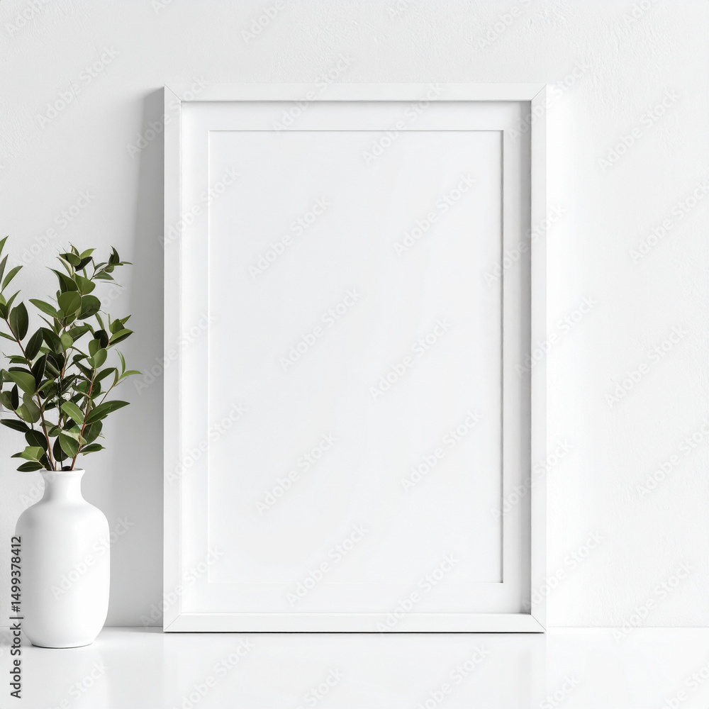 Vertical white picture frame mockup on a plain white plaster wall Vertical white picture frame mockup on a plain white plaster wall