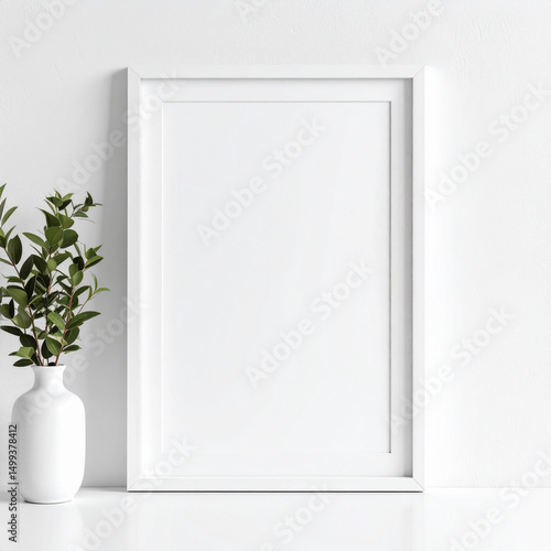 Vertical white picture frame mockup on a plain white plaster wall