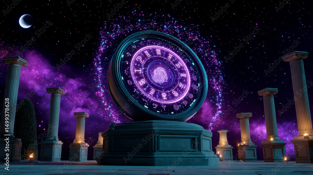 Obraz premium Massive zodiac dial surrounded by ancient columns glowing with vibrant cosmic energy under starry purple sky