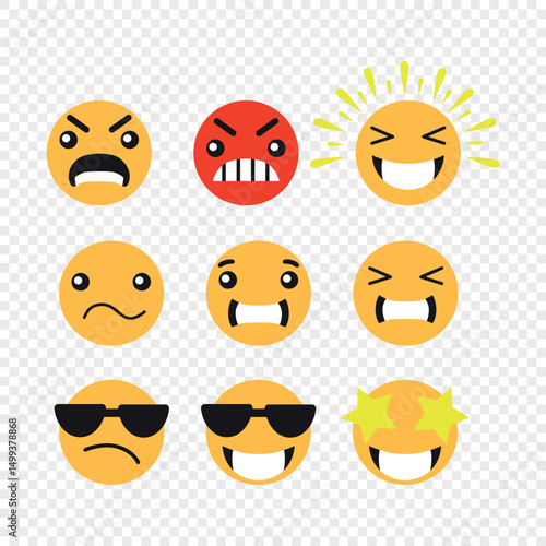 Emotion from happy to sad emoji smiley faces. Collection of emoji reactions for social media. Emoji icon with a PNG background