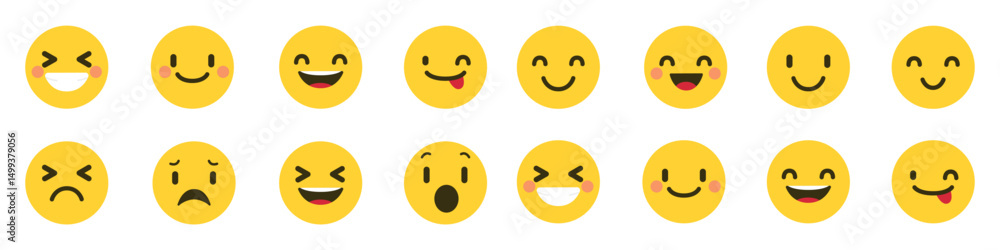 Set of emoji reactions for social media. Emoji reactions. Funny emoticons faces with facial expressions. Vector illustration eps 10 Set of emoji reactions for social media. Emoji reactions. Funny emoticons faces with facial expressions. Vector illustration eps 10