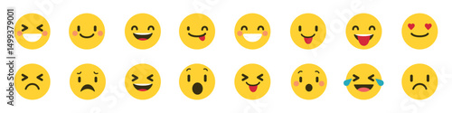 Set of emoji reactions for social media. Emoji reactions. Funny emoticons faces with facial expressions. Vector illustration eps 10