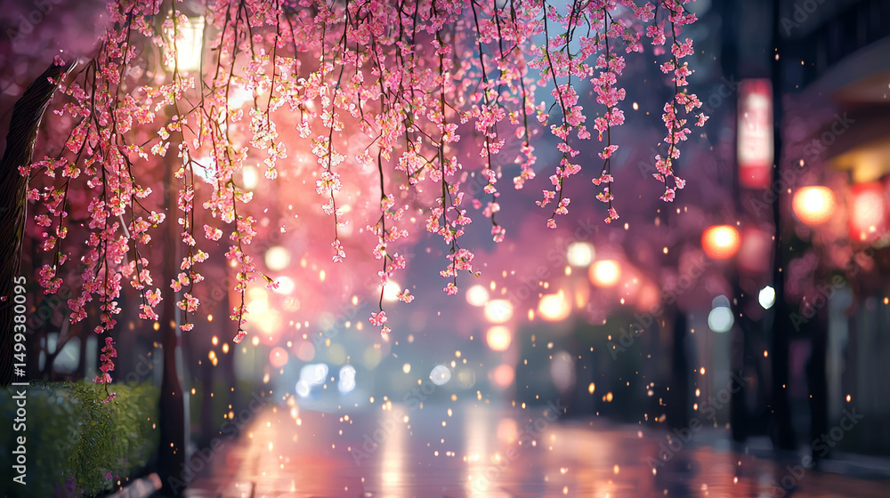 Fototapeta premium night in the city pink Sophora affinis Eve's Necklace japonica trees in japan