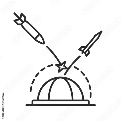 Line icon of missile defense system intercepting rockets over protected dome, symbolizing anti-missile technology and military security