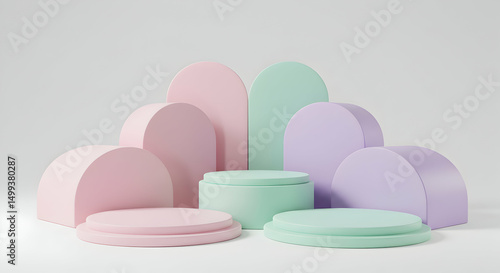 Pastel geometric podium scene with soft shadows