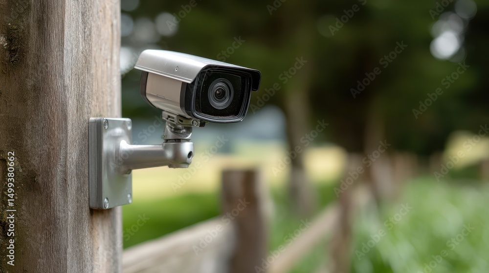 A High Resolution image of modern surveillance camera mounted on wooden post, outdoor security. A High Resolution image of modern surveillance camera mounted on wooden post, outdoor security.