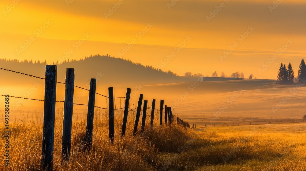 Obraz premium Serene sunset over a rural landscape with a fence line leading to distant hills and soft fog