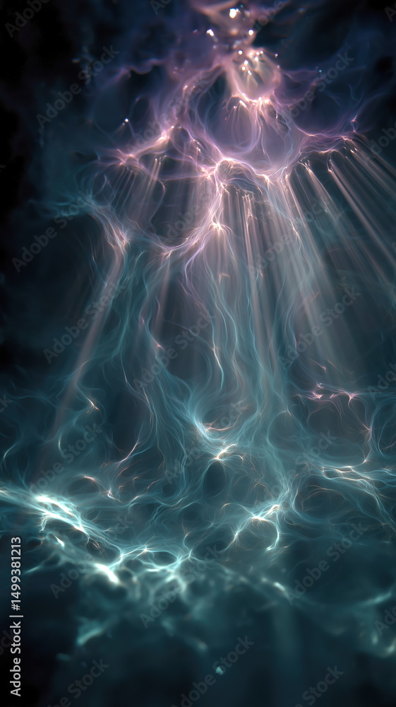 Fototapeta premium Mystical light streams through abstract waves, creating ethereal patterns in a calming, cosmic-inspired design.