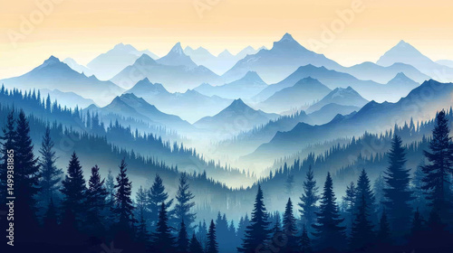 The mountains are covered in a layer of mist, which is thicker in the valleys and thinner on the peaks. The foreground consists of a dense forest of coniferous trees